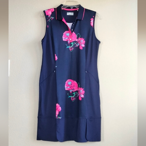 Callaway Dresses & Skirts - NWT Callaway Size Medium Sleeveless Pink Floral Navy Dress With Collar